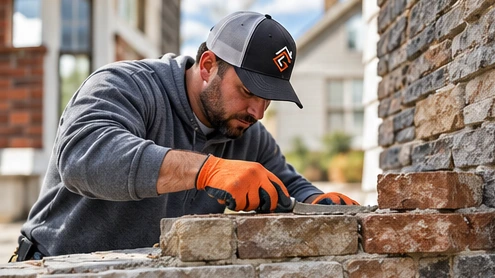 Illustration of a masonry craftsman working on a stone wall